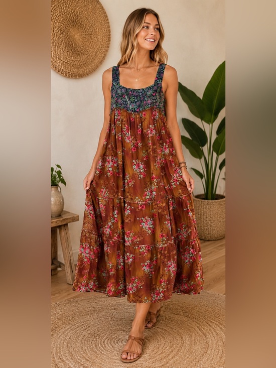 NATURAL LIFE Dresses & Skirts - NATURAL LIFE Tiered Floral Boho Retro Maxi Dress Medium